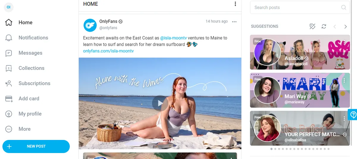 OnlyFans platform interface showing creator profiles and content feed